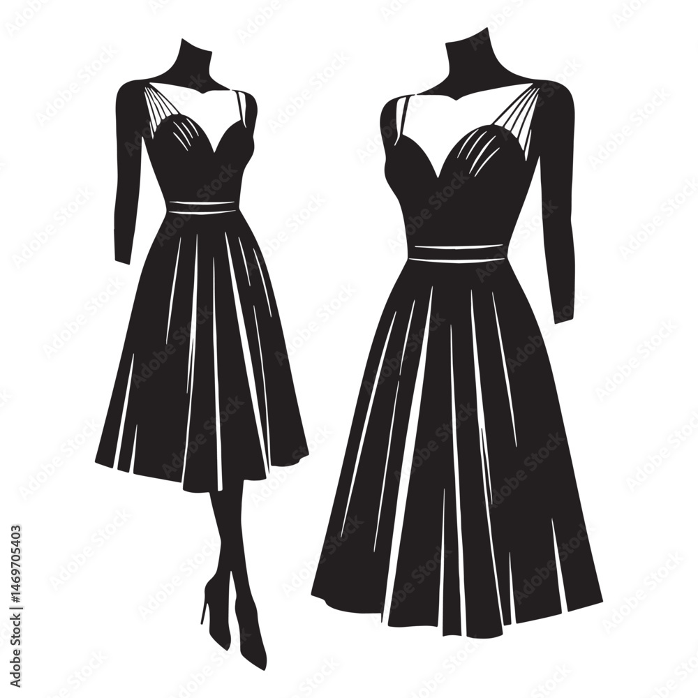 Obraz premium Graceful A-line dress silhouette for sophisticated evening wear – A-line dress vector – A-line dress illustration – ladies dress silhouette – silhouette of A-line dress
