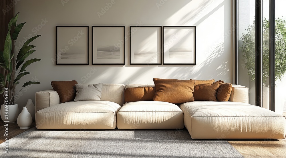 Fototapeta premium Modern living room interior design showcasing a sectional sofa.