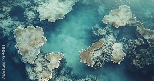 Fototapeta Naklejka Na Ścianę i Meble -  Patterns of bleached coral reefs in shallow water due to ocean warming. Birda??s-Eye View.