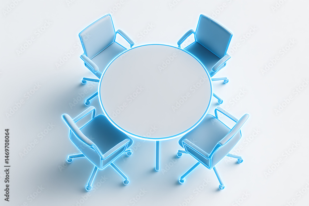 Fototapeta premium 白背景に青い光線で縁取られた円卓と椅子の会議スペース構成