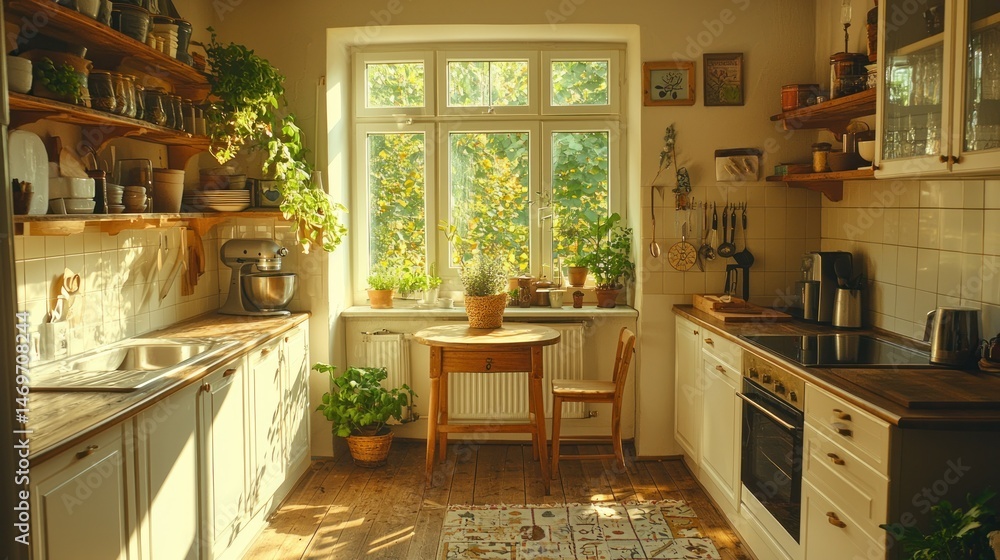Cozy, sunlit kitchen with wooden accents Cozy, sunlit kitchen with wooden accents