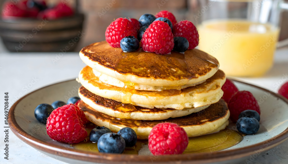 Golden Pancakes with Berries and Syrup Golden Pancakes with Berries and Syrup
