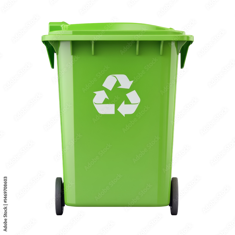 Green recycling bin with recycling symbol, designed for eco friendly waste disposal, stands isolated against transparency Green recycling bin with recycling symbol, designed for eco friendly waste disposal, stands isolated against transparency