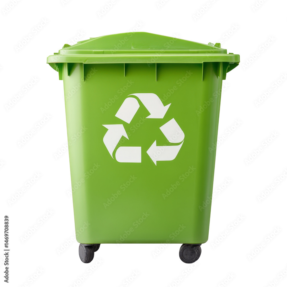 Green recycling bin with recycling symbol, designed for eco friendly waste disposal, promotes sustainability and environmental Green recycling bin with recycling symbol, designed for eco friendly waste disposal, promotes sustainability and environmental