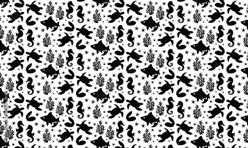 Sea Abstract Underwater Plants Shapes Silhouette Pattern, Coral Reef Plants, Different Types Of Marine Flora Decorative Elements, Abstract Sea Shells, Starfish.