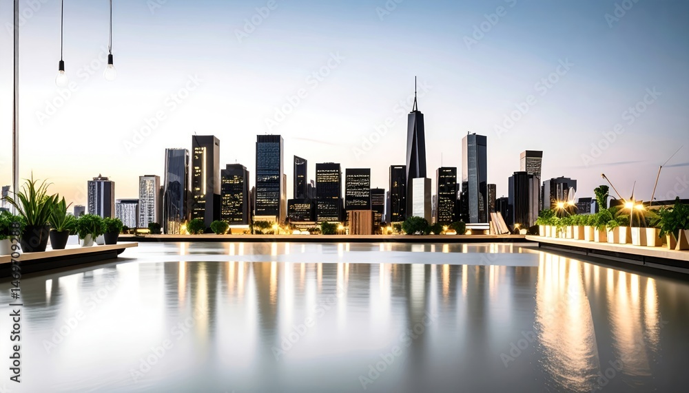 Fototapeta premium City Skyline View From Balcony Reflecting in Water