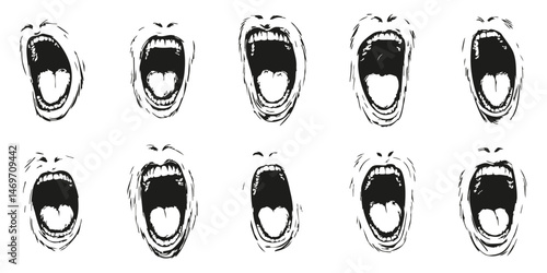 Screaming Mouth Expressions Silhouette Set. Emotional Outburst And Communication Concept Isolated Vector Illustration Collection