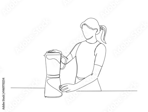 Young woman making juice with blender in single line draw illustration. Continuous one line drawing of woman and juicer machine. Editable stroke.