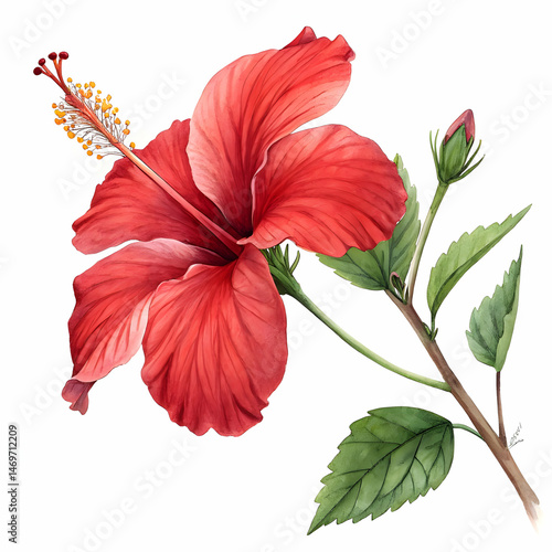 Red Hibiscus Flower Watercolor Painting