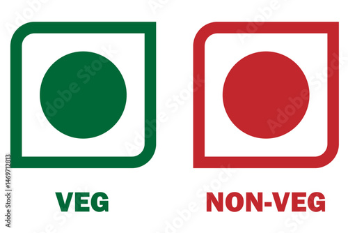 Veg and non-veg food icon dots. Vegetarian and non-vegetarian symbols. Green dot and red dot in squares. Vegan and non-vegan food labels. Vector illustration.