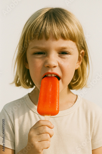 Grimacing Girl Eating Red Popsicle in Summer Light