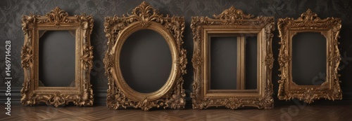 Ornate frames in diverse shapes against rich damask  ,  silver,  art