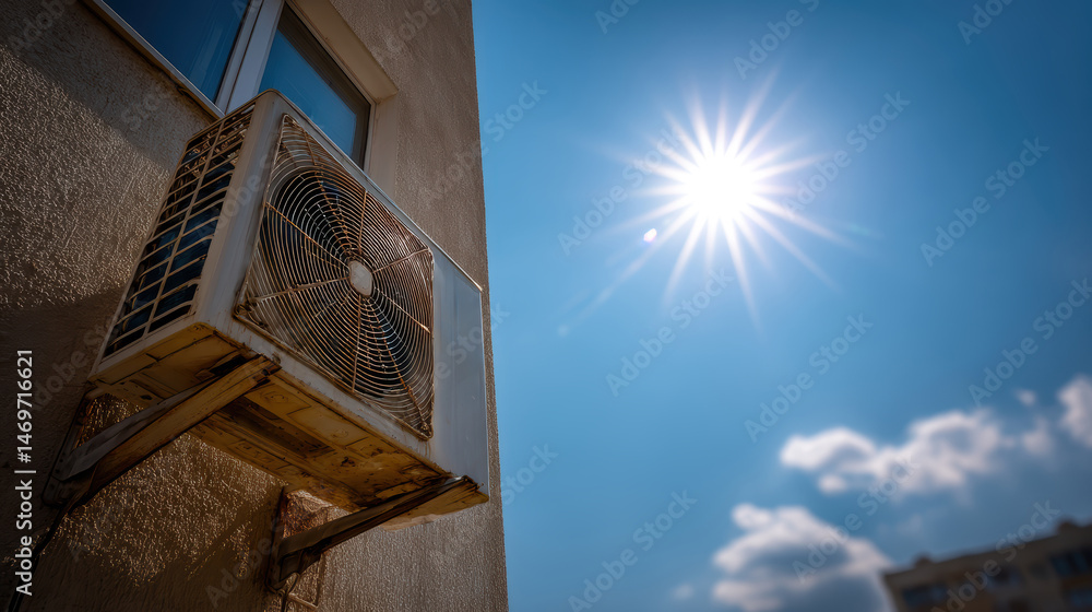 External air conditioning unit on the wall of a building on a hot summer day, old used unit
