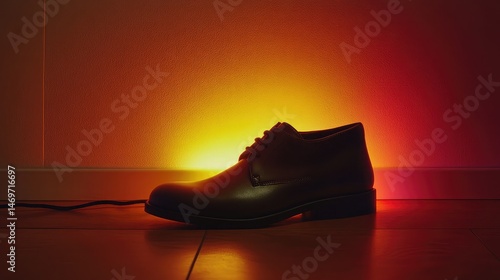 Contrast lighting highlighting smooth surface of flat leather shoes against matte wall