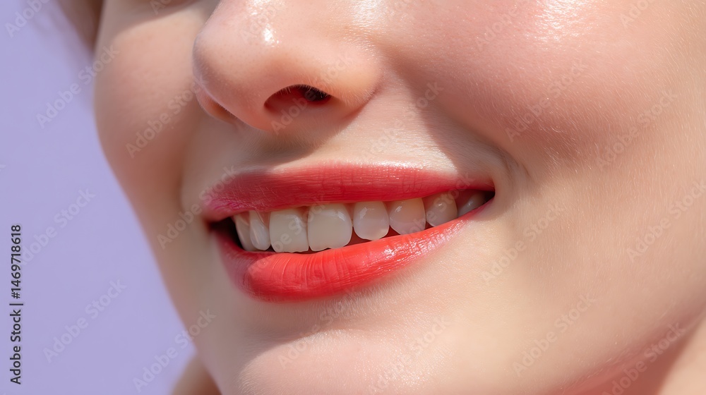 Naklejka premium Close-Up of Smiling Woman with Glossy Lips and Radiant Skin