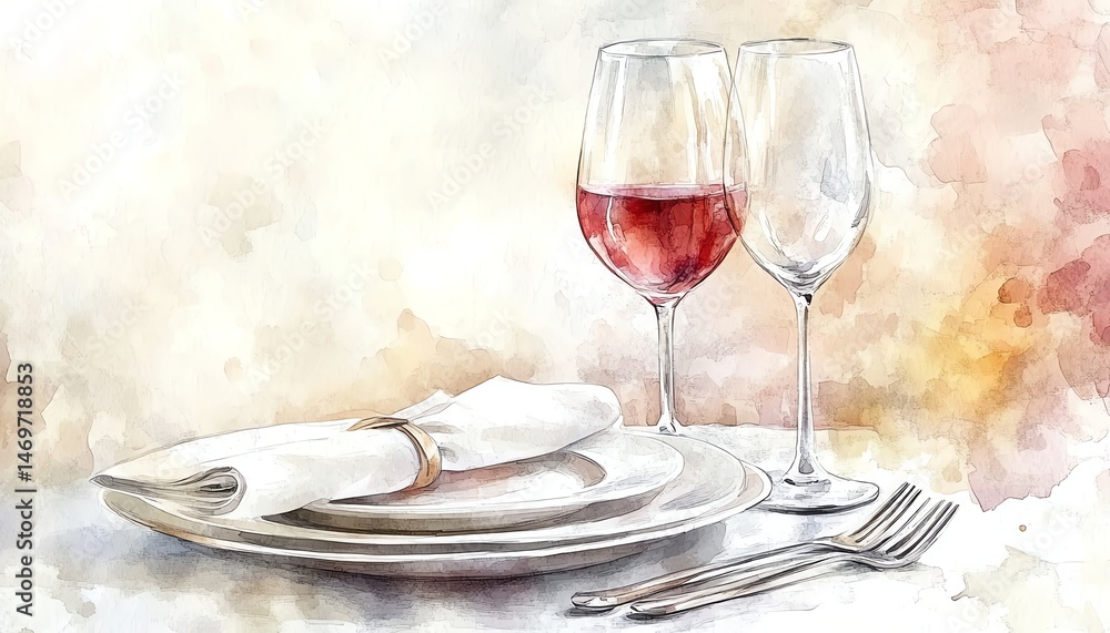 Watercolor painting of wine glasses, plates, and silverware. Romantic dinner setting.