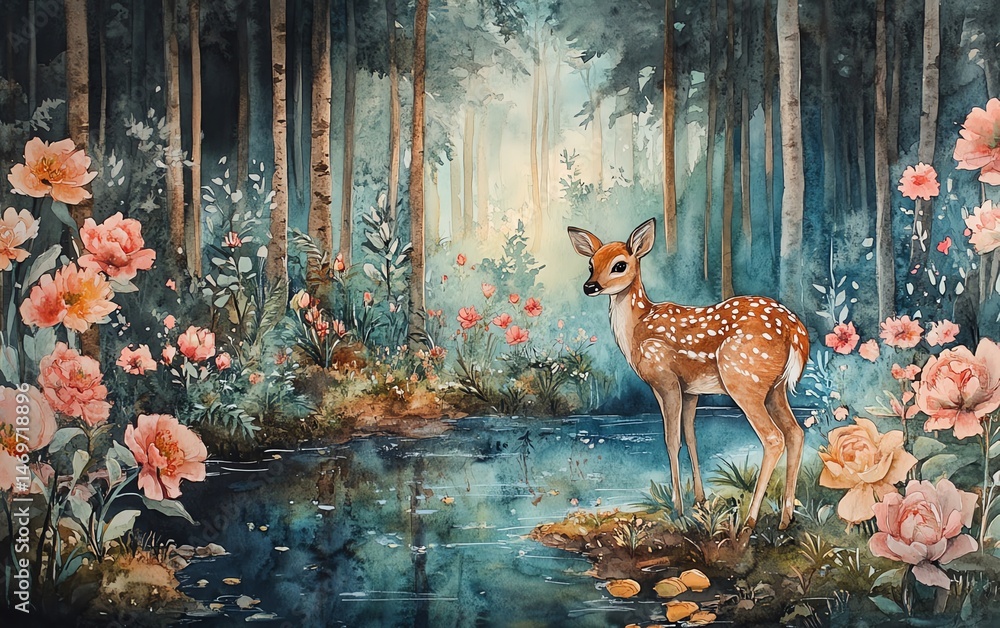 Enchanted forest scene with fawn, flowers, and stream.