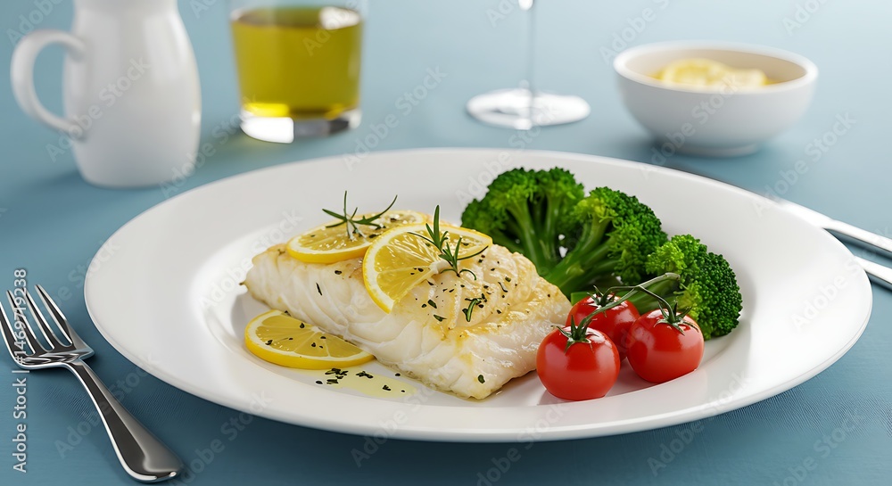 Baked Fish with Lemon and Broccoli on Plate Baked Fish with Lemon and Broccoli on Plate