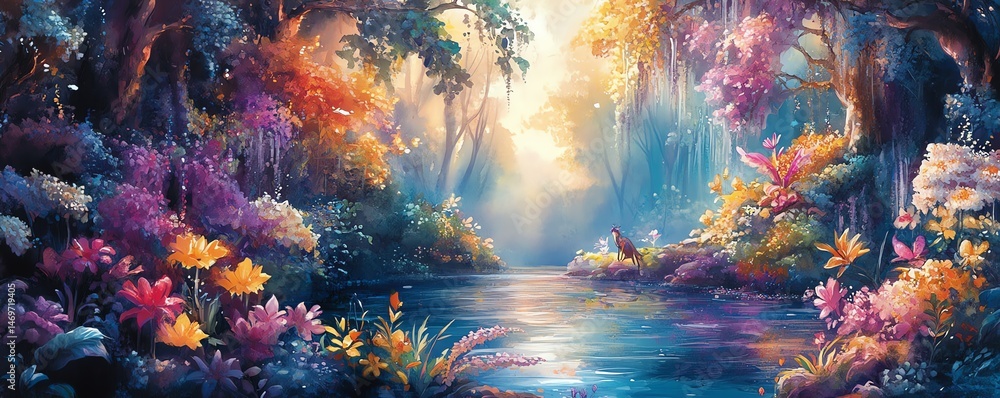 Magical fantasy forest, vibrant flowers, dreamy river.