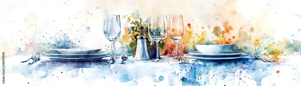 Elegant watercolor painting of a table setting.