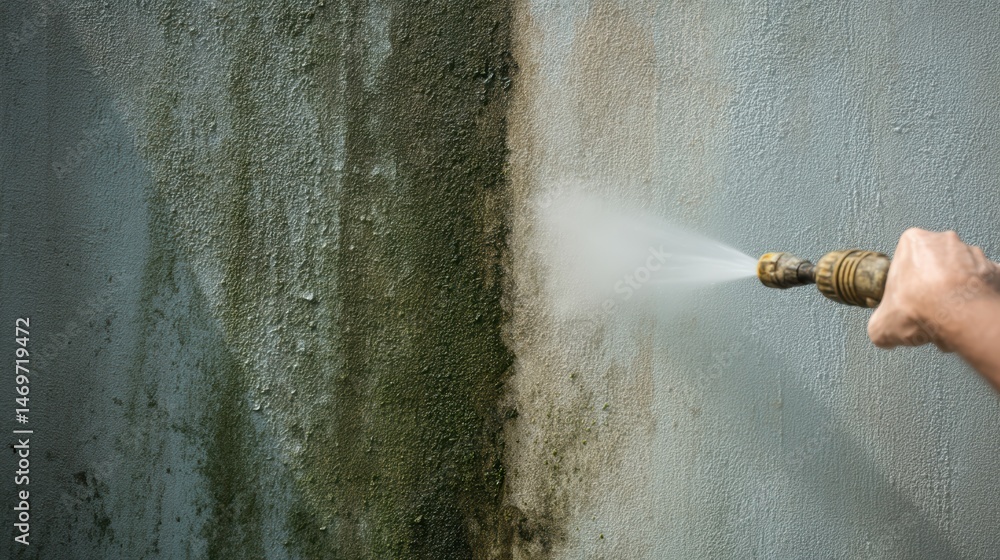 Cleaning walls with a jet of water from a pressure washer, neglected wall and cleaned surface