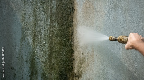 Obraz na płótnie Cleaning walls with a jet of water from a pressure washer, neglected wall and cleaned surface w salonie