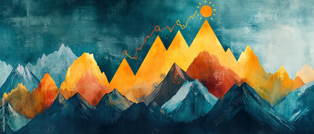 Abstract watercolor mountain range art. Growth, success, achievement concept.