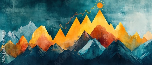 Abstract watercolor mountain range art. Growth, success, achievement concept.