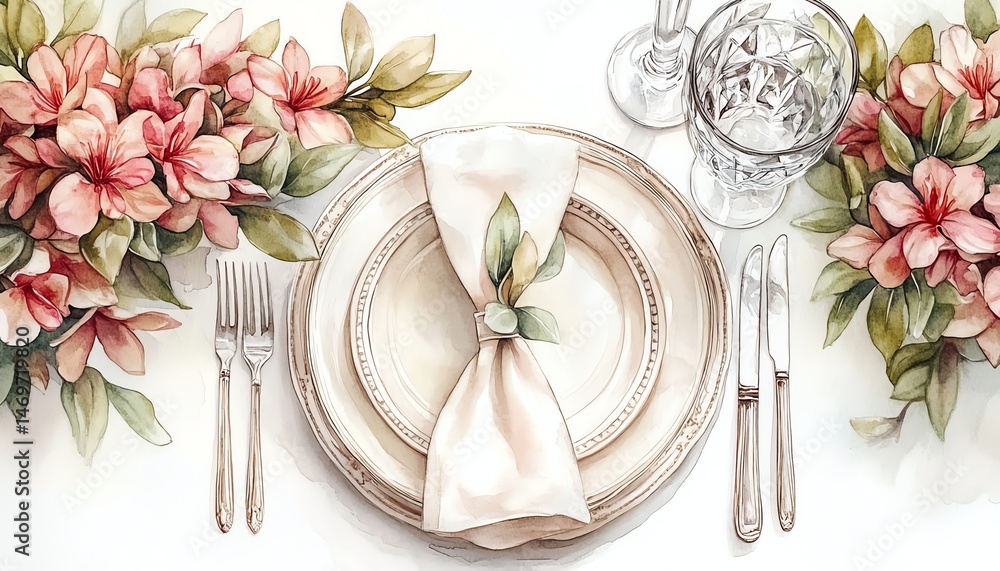 Elegant watercolor table setting with floral decor. Perfect for wedding, event, or restaurant promotion.
