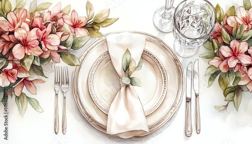 Obraz na płótnie Elegant watercolor table setting with floral decor. Perfect for wedding, event, or restaurant promotion. w salonie