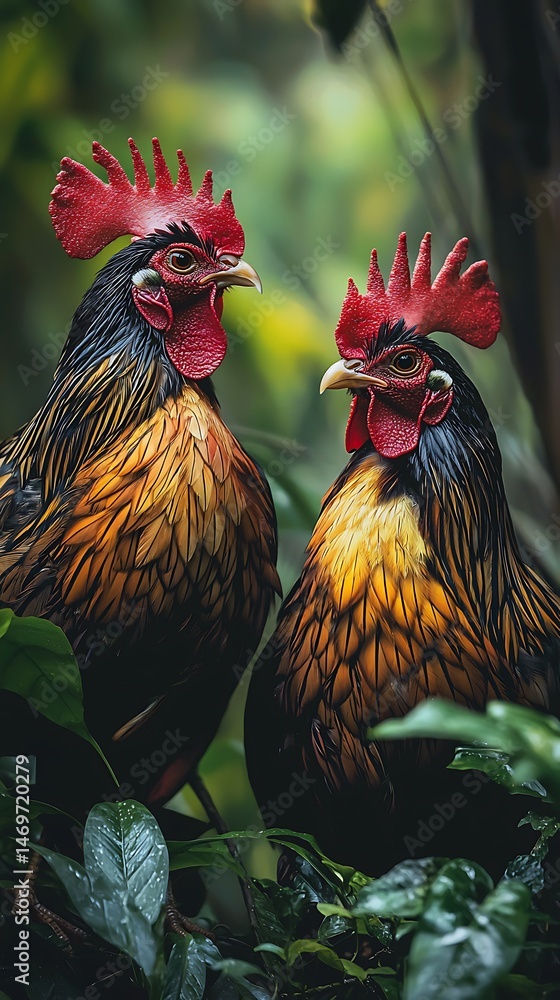 Fototapeta premium two chickens standing in the grass