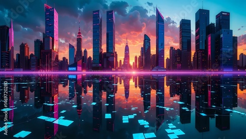 Mercurial Metropolis: Liquid Skyscrapers & Cryptic Neon Glyphs in a Cyberpunk Dawn-Dusk Cycle (Hyper-Real 3D NFT Art)
