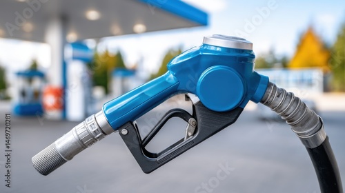 A fuel pump nozzle at a gas station, image suitable for advertisement.