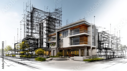 Architectural design of a modern building, sketch and visualization of implementation