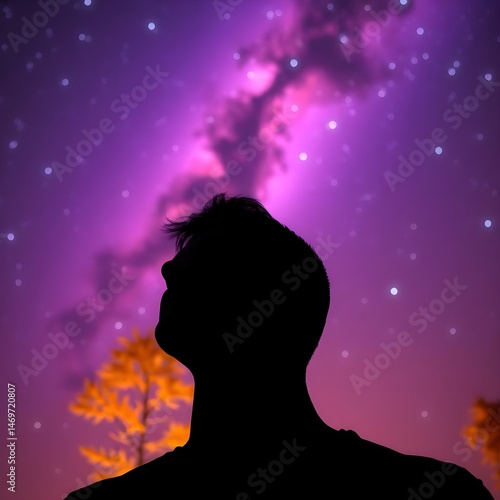 Silhouette of a man in the night sky with stars