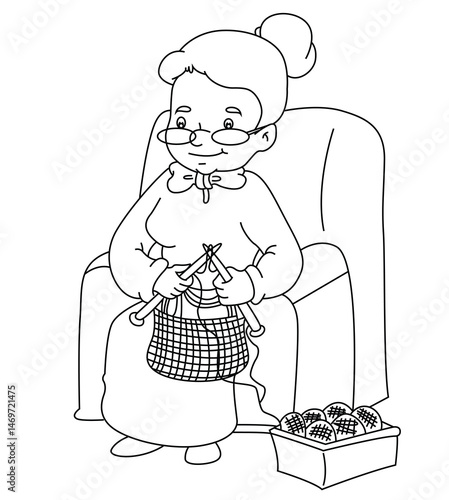 Cute cartoon hand drawn vector grandmother knits with knitting needles outline.