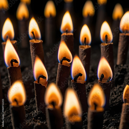 Candlelight Reverie: Warm candlelight illuminates the darkness. Flame-tipped candles stand together, casting an intimate light and evoking feelings of introspection and reverence. 