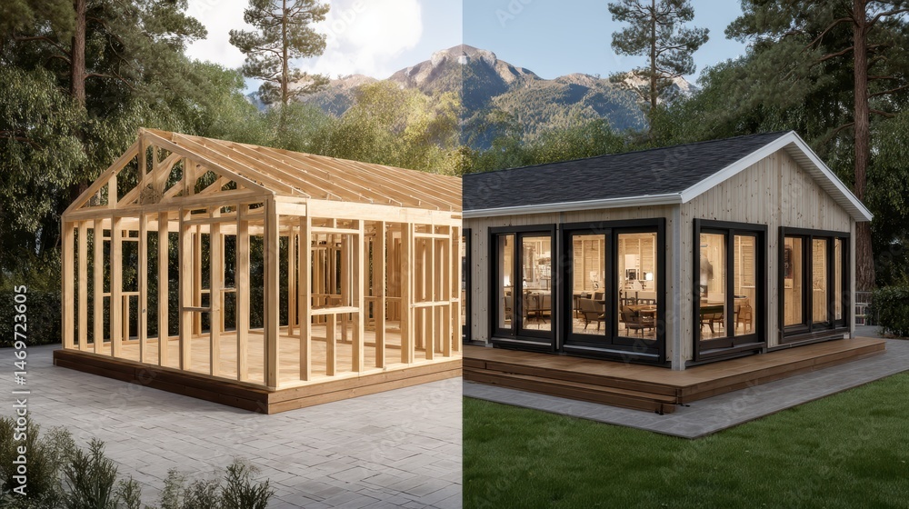 Construction of a small summer house in a frame structure, before and after