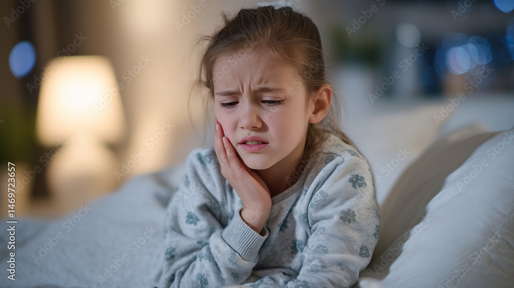 A child in pajamas holds her jaw in distress, eyes puffy from crying, illuminated by the soft glow of a bedside lamp as she suffers from a toothache late at night A child in pajamas holds her jaw in distress, eyes puffy from crying, illuminated by the soft glow of a bedside lamp as she suffers from a toothache late at night