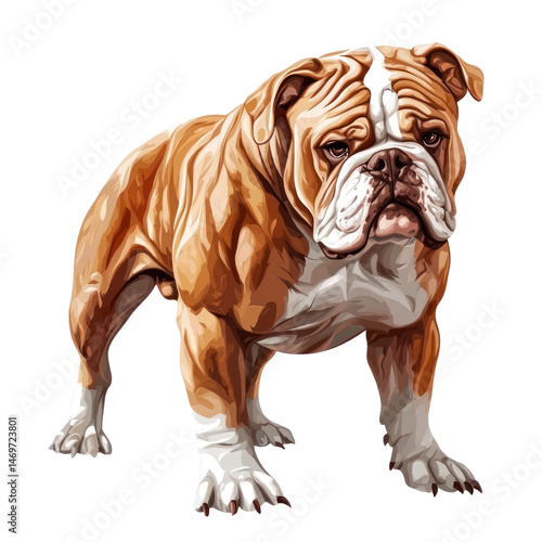 Loyal Bulldog: A detailed illustration of a robust and imposing bulldog with a wrinkled face and determined gaze, capturing the essence of this beloved breed. 