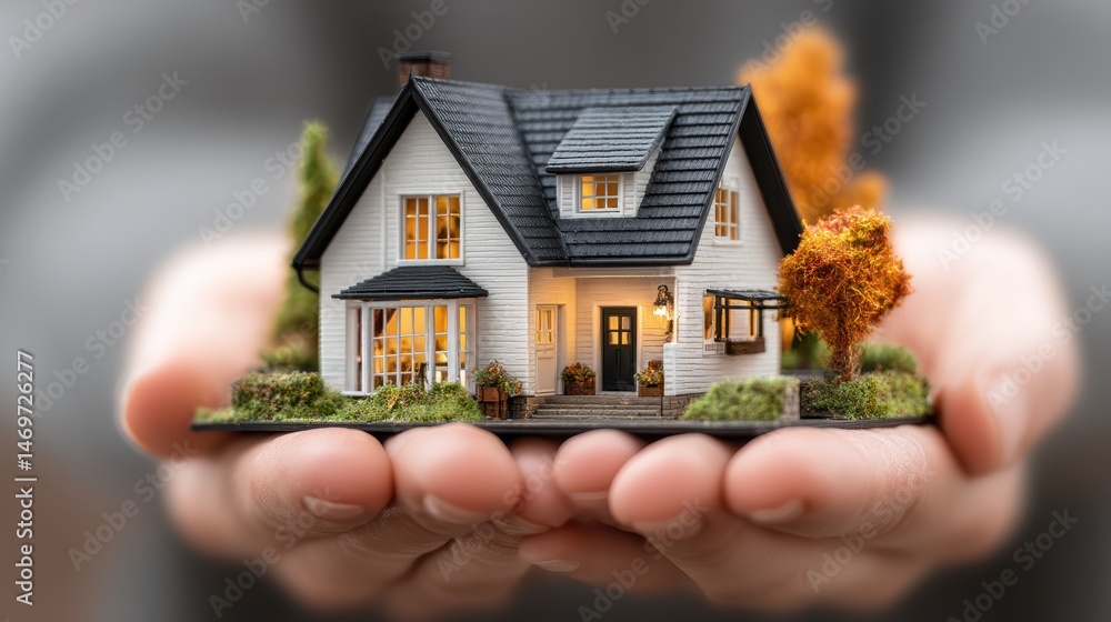 Charming miniature model of a single-family house lies in the palm of your hand and is presented by an architect