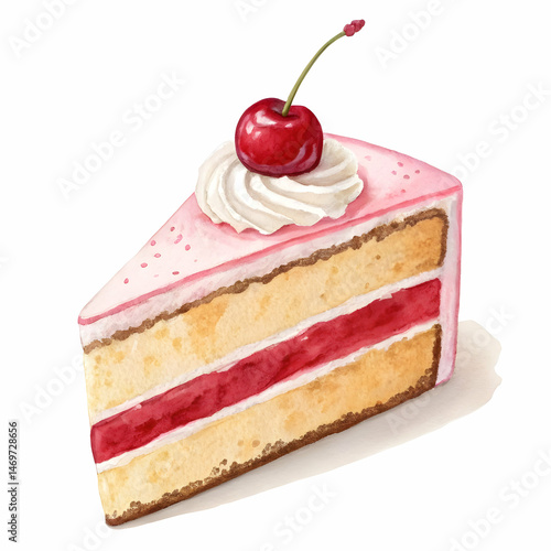 Delicious Cherry Cake Slice: Watercolor Painting