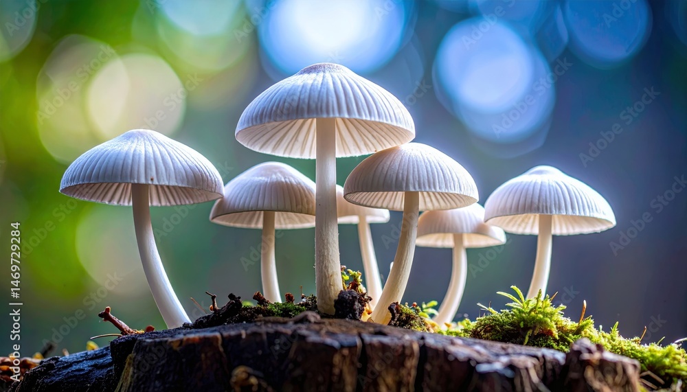 Fototapeta premium group of mushrooms sitting on top of a tree stump