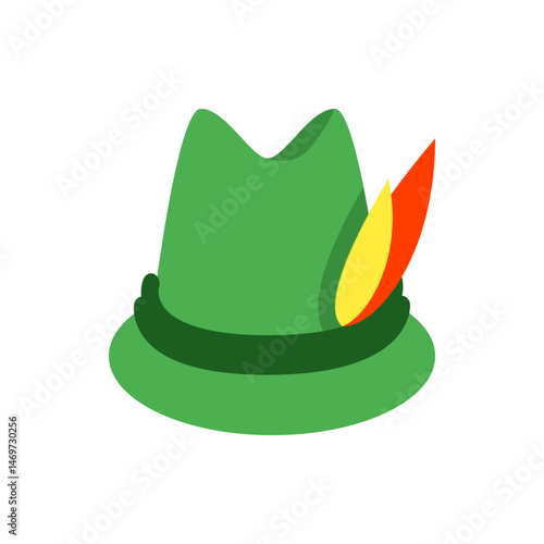 Illustration of a green bavarian hat with a dark green band and colorful feathers on a white background