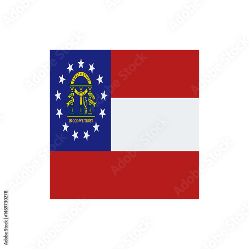 A detailed depiction of the state flag of georgia featuring stars and stripes with the state seal emblem
