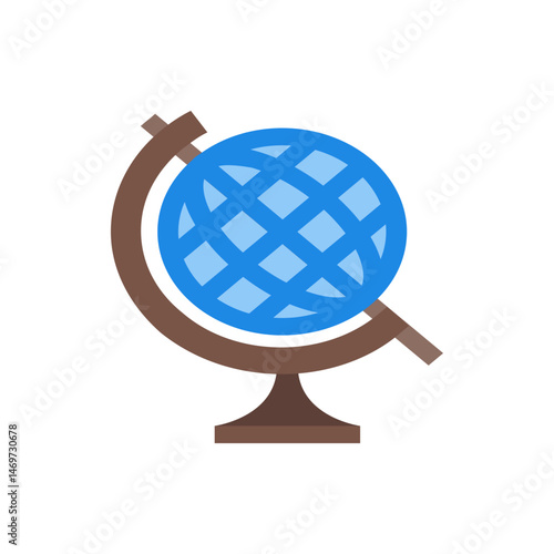 Illustration of a blue globe with a grid pattern on a brown stand against a white background scene here