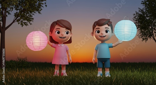 3D Render: Joyful Children with Lanterns at Sunset