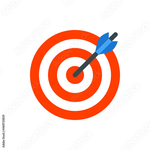 An arrow hitting the bullseye of a target with orange and white concentric circles on a white background