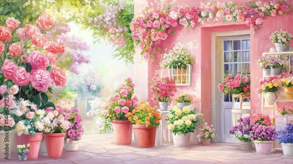 Fototapeta premium Artistic flower boutique painted in soft tones, old-world charm with blooming pots outside