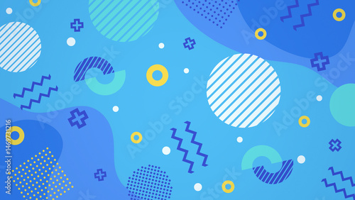 メンフィス風の図形や模様が並ぶポップな平面構成 - ブルー